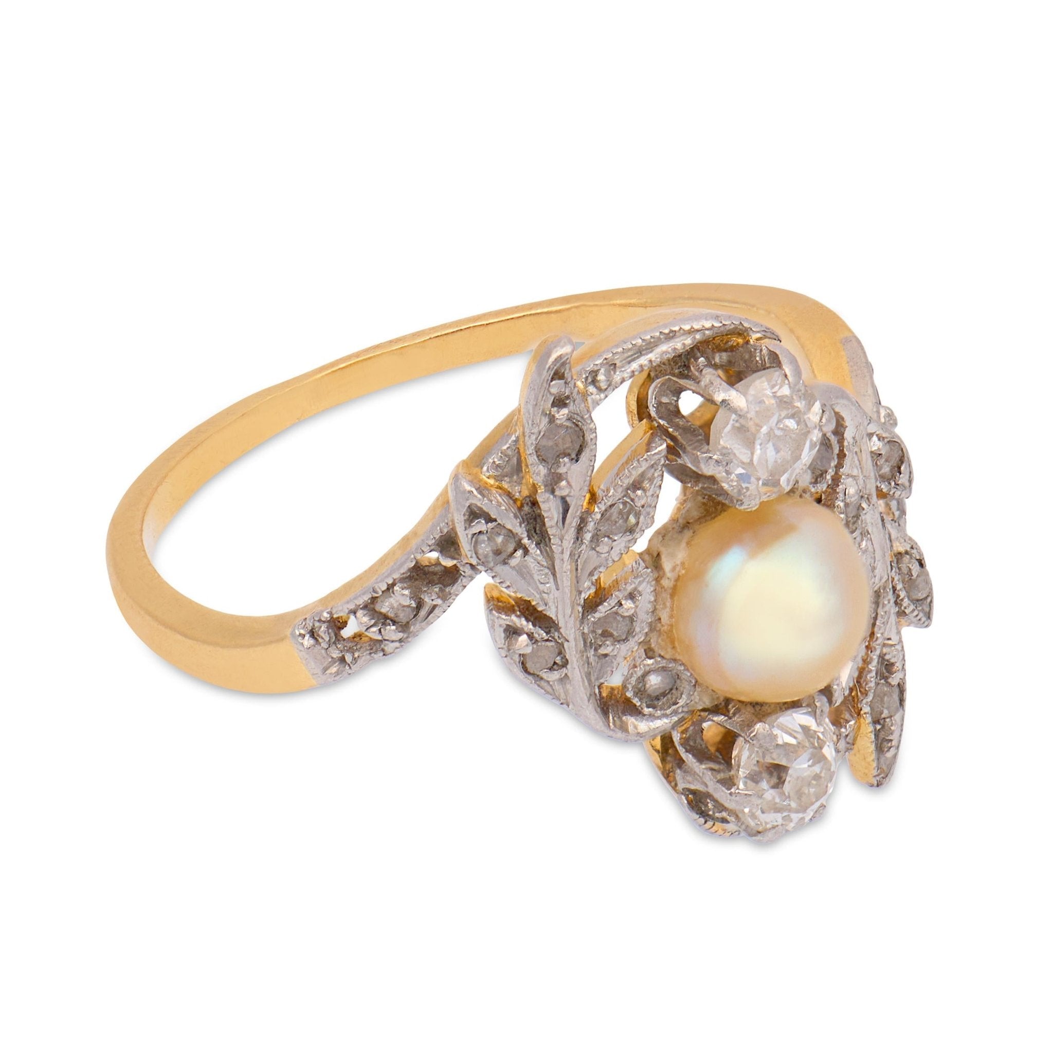 Victorian pearl old European cut diamond 18k yellow gold ring