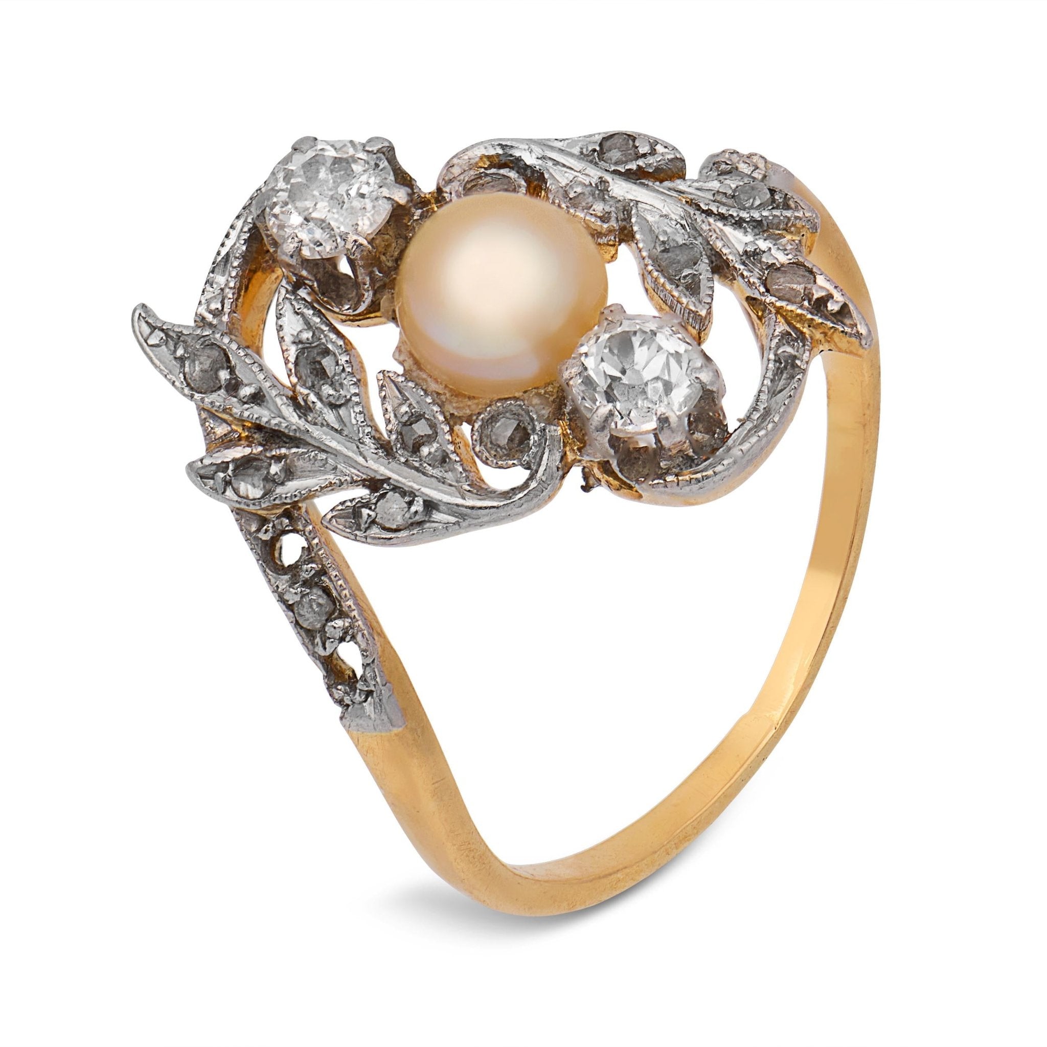 Victorian pearl old European cut diamond 18k yellow gold ring