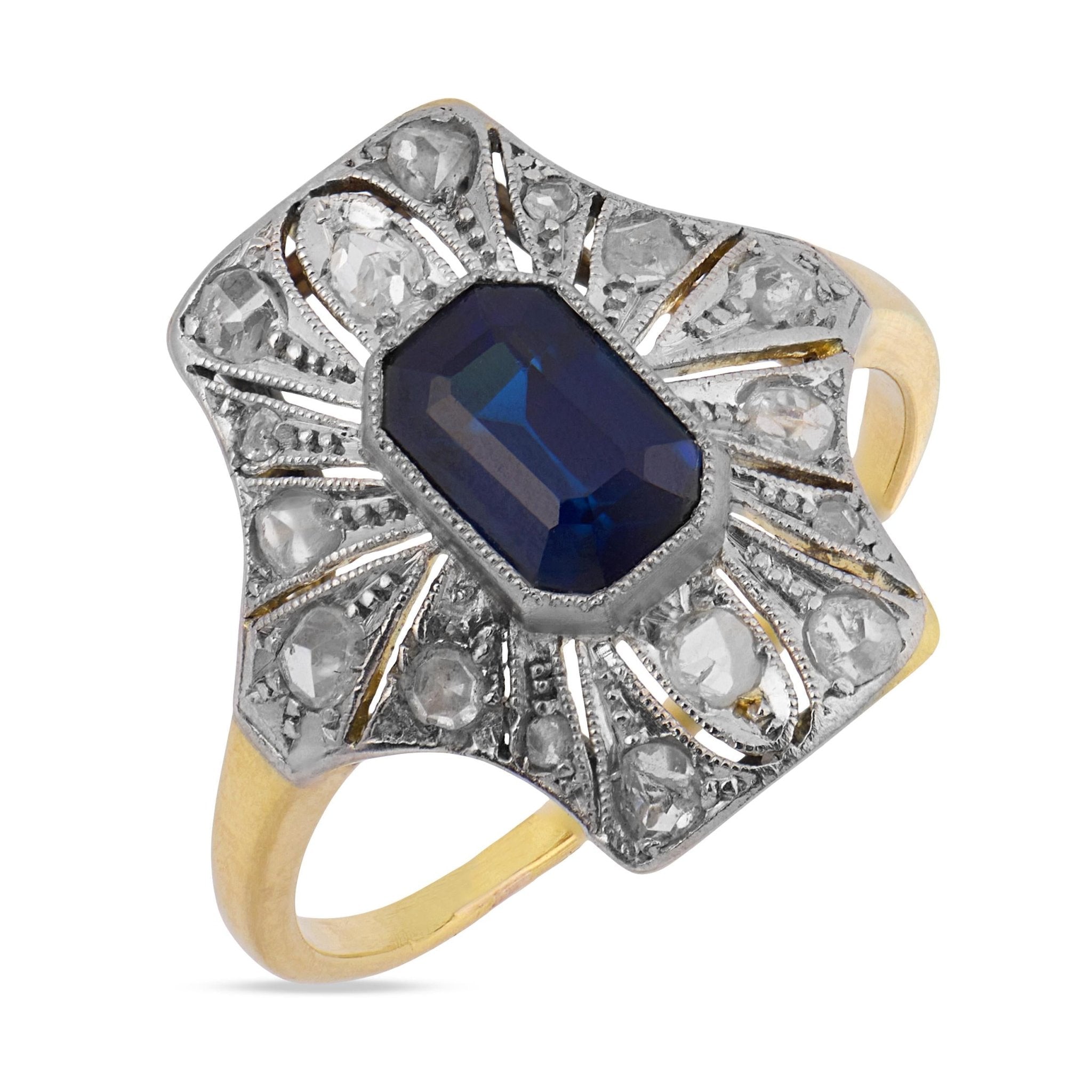 Edwardian style 1.40 carat sapphire diamond 18k yellow gold ring