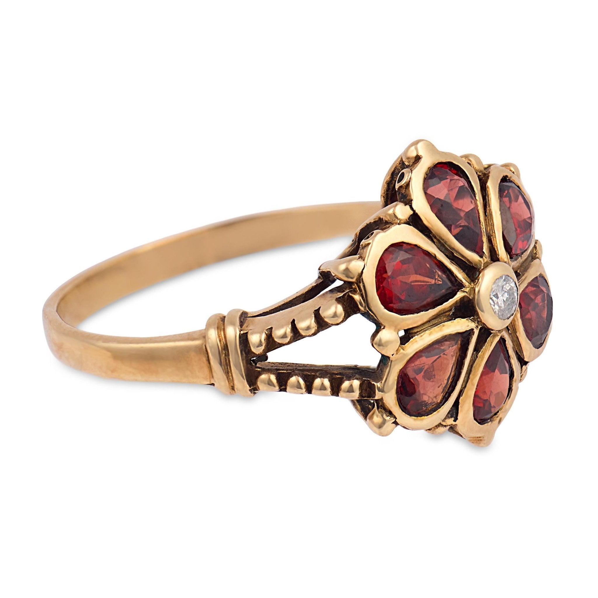 Victorian garnet diamond 9 karat rose gold flower ring