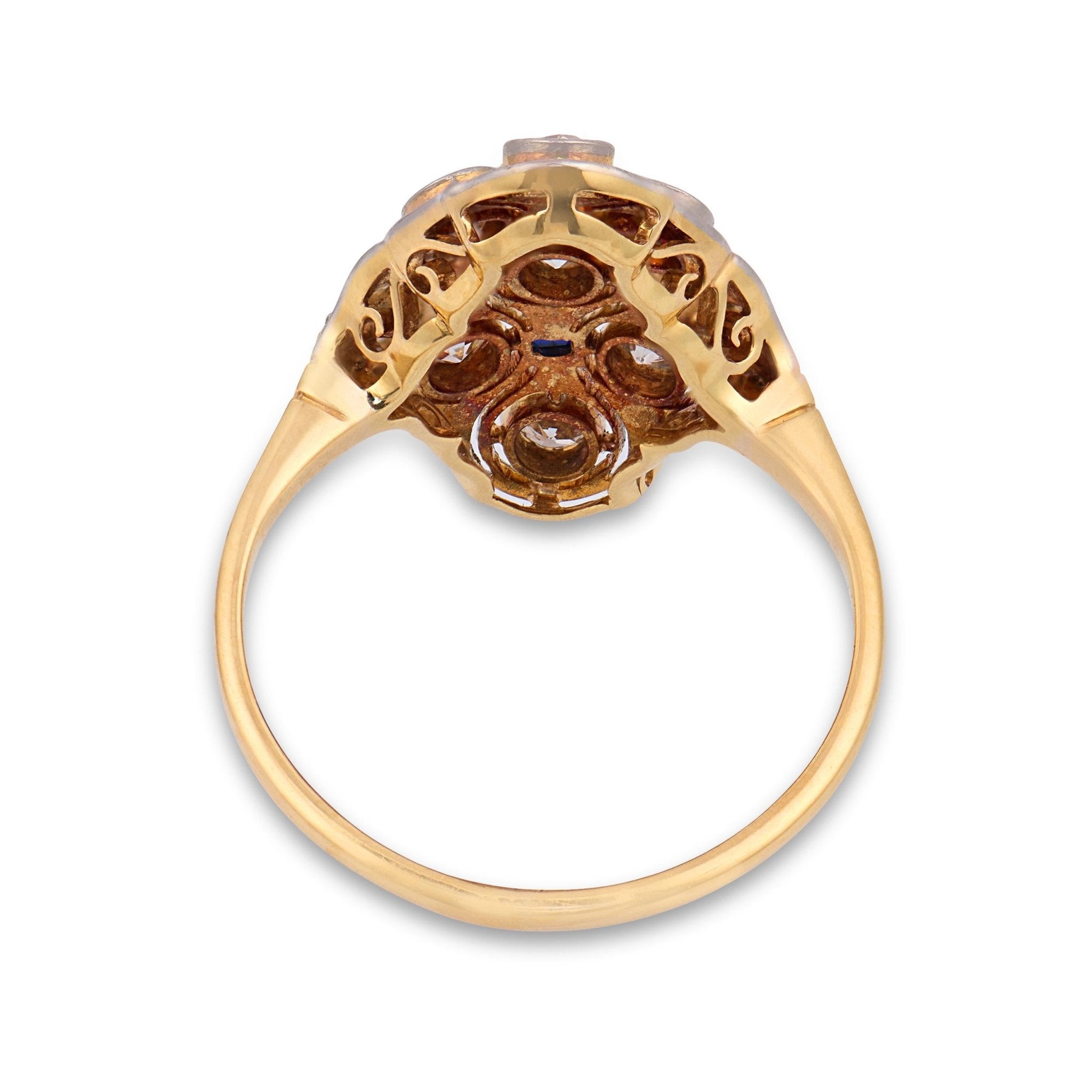 Edwardian diamond sapphire two tone navette ring