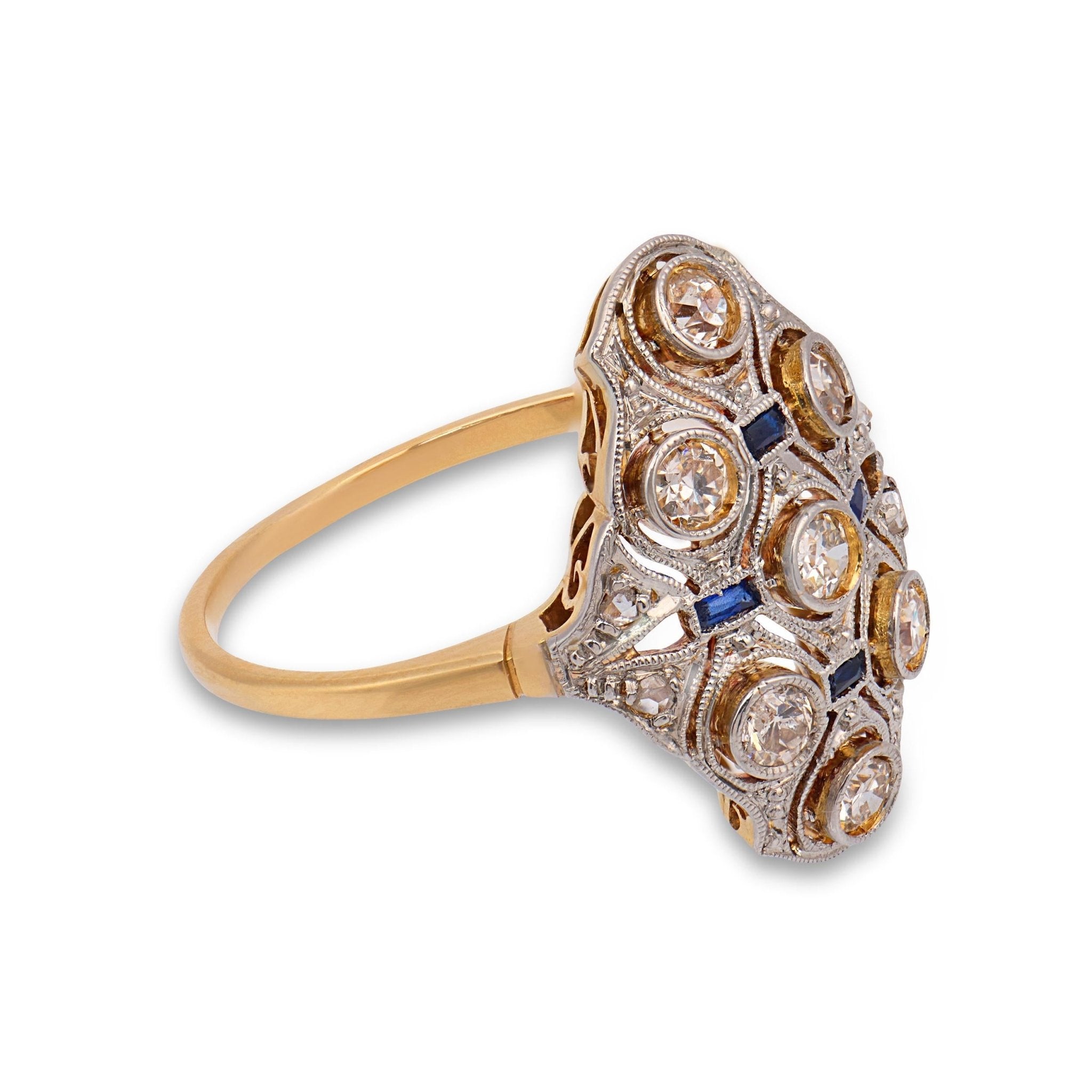 Edwardian diamond sapphire two tone navette ring