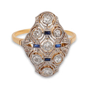 Edwardian diamond sapphire two tone navette ring