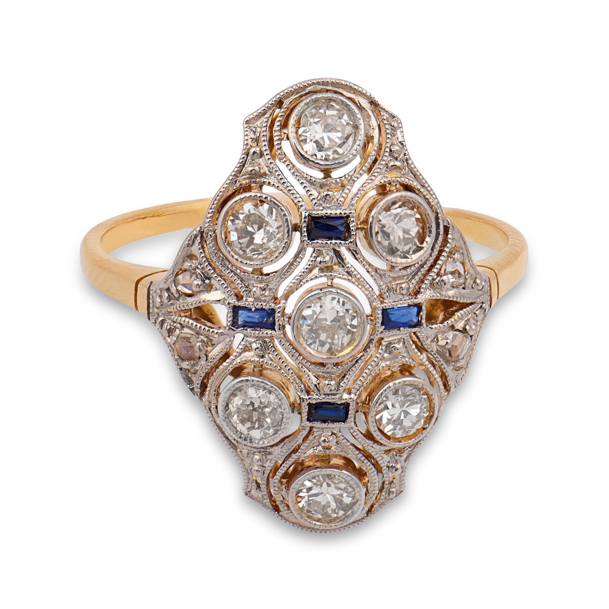 Edwardian diamond sapphire two tone navette ring