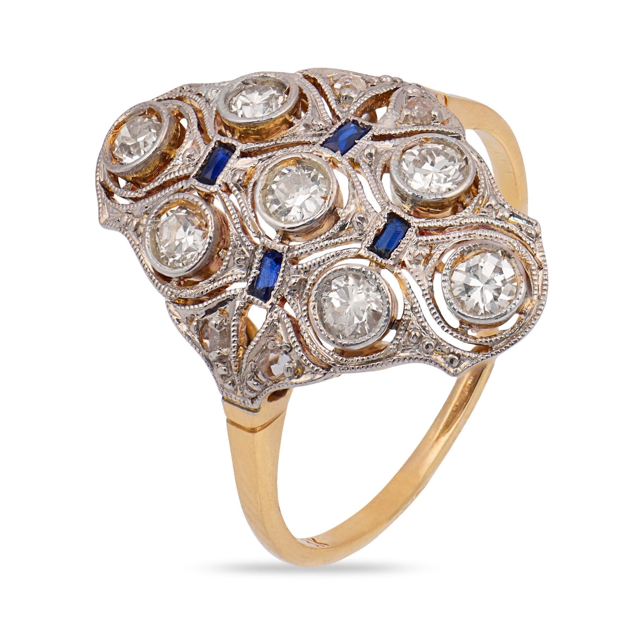 Edwardian diamond sapphire two tone navette ring
