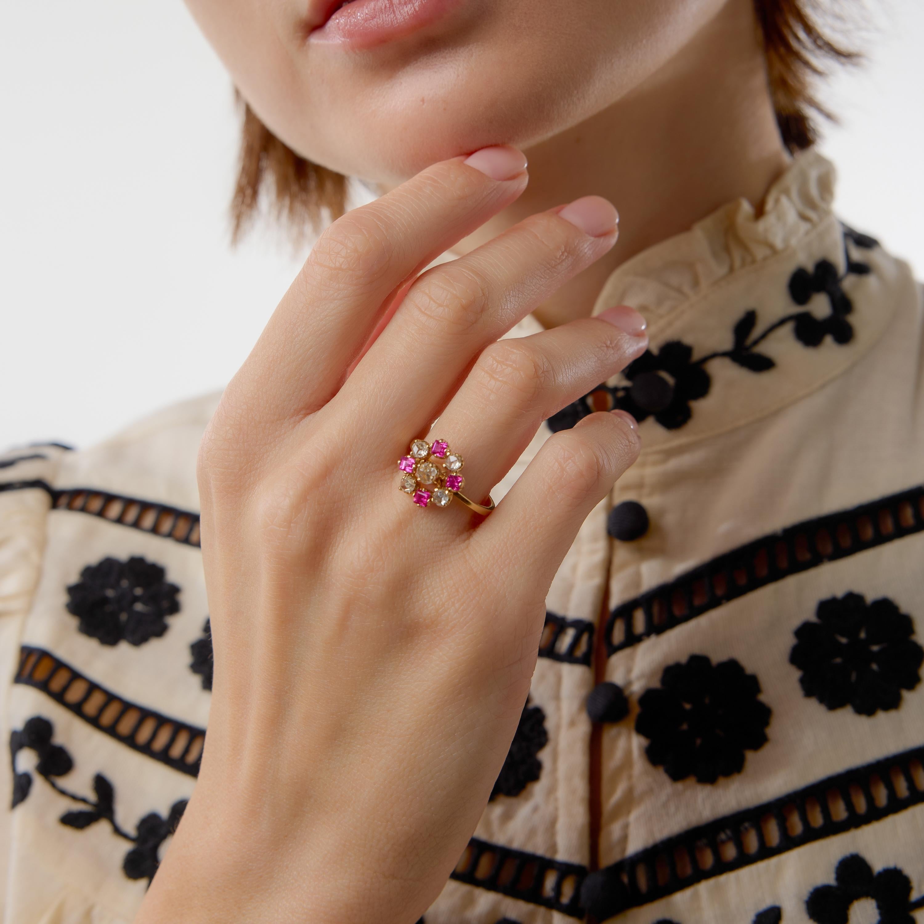 Victorian diamond ruby 18k yellow gold cluster ring