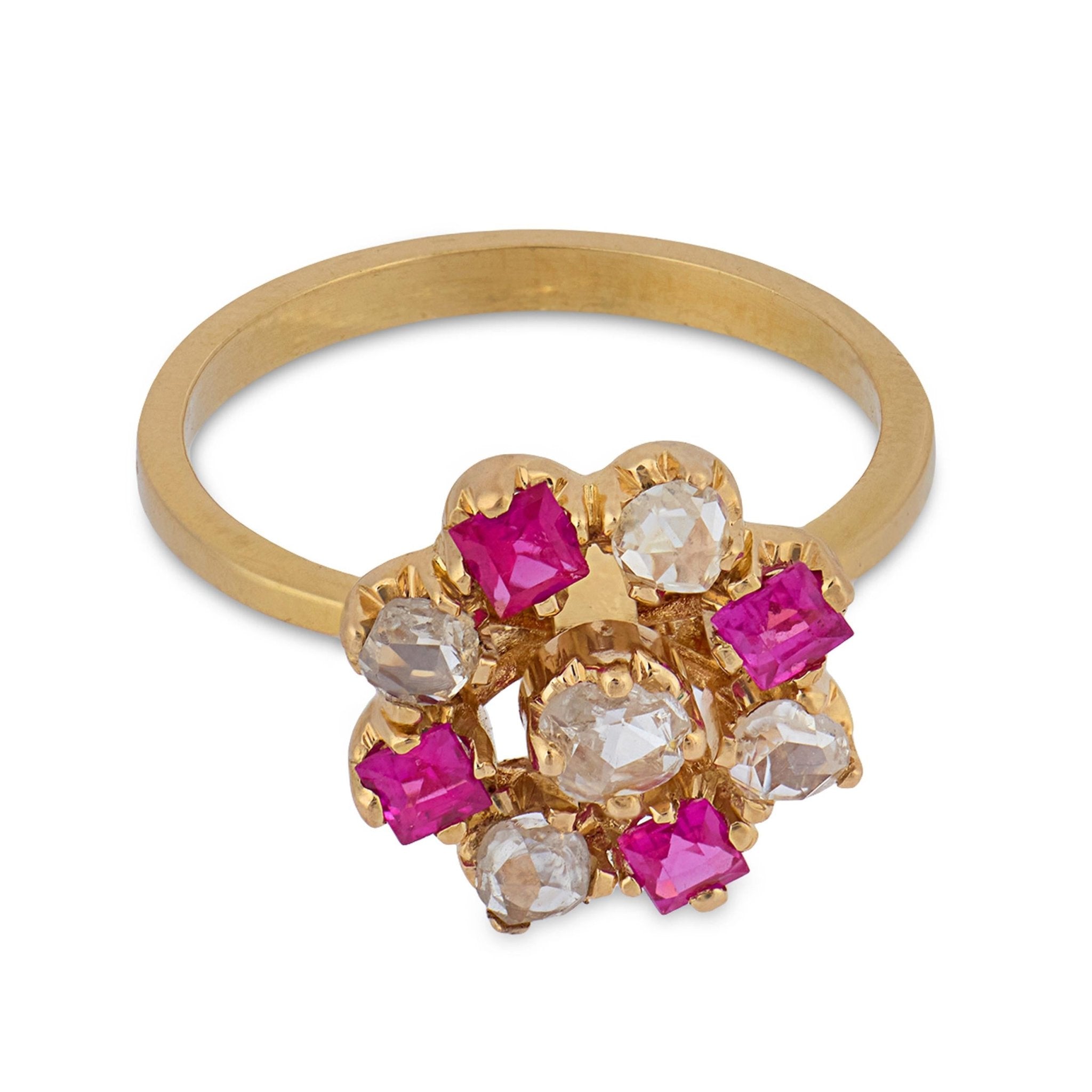 Victorian diamond ruby 18k yellow gold cluster ring