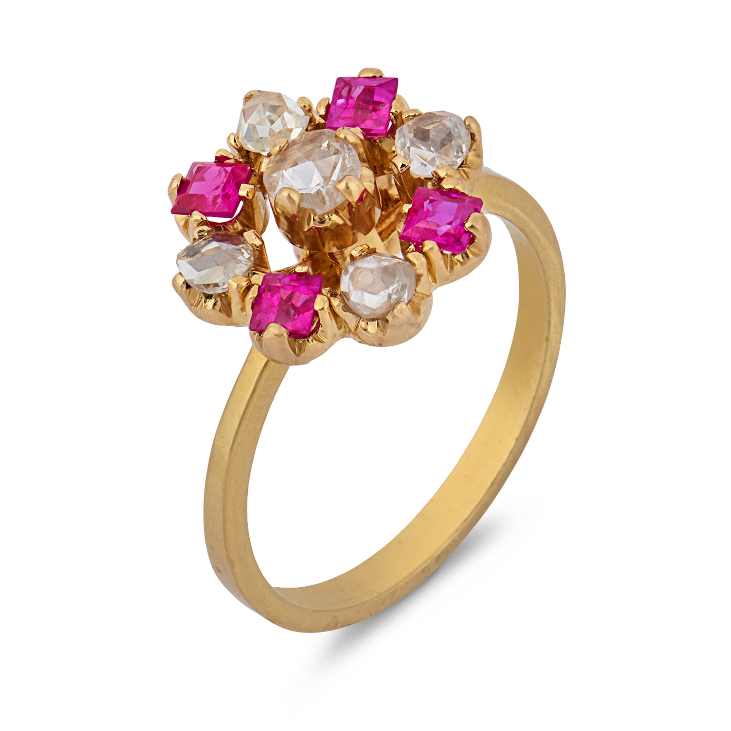 Victorian diamond ruby 18k yellow gold cluster ring