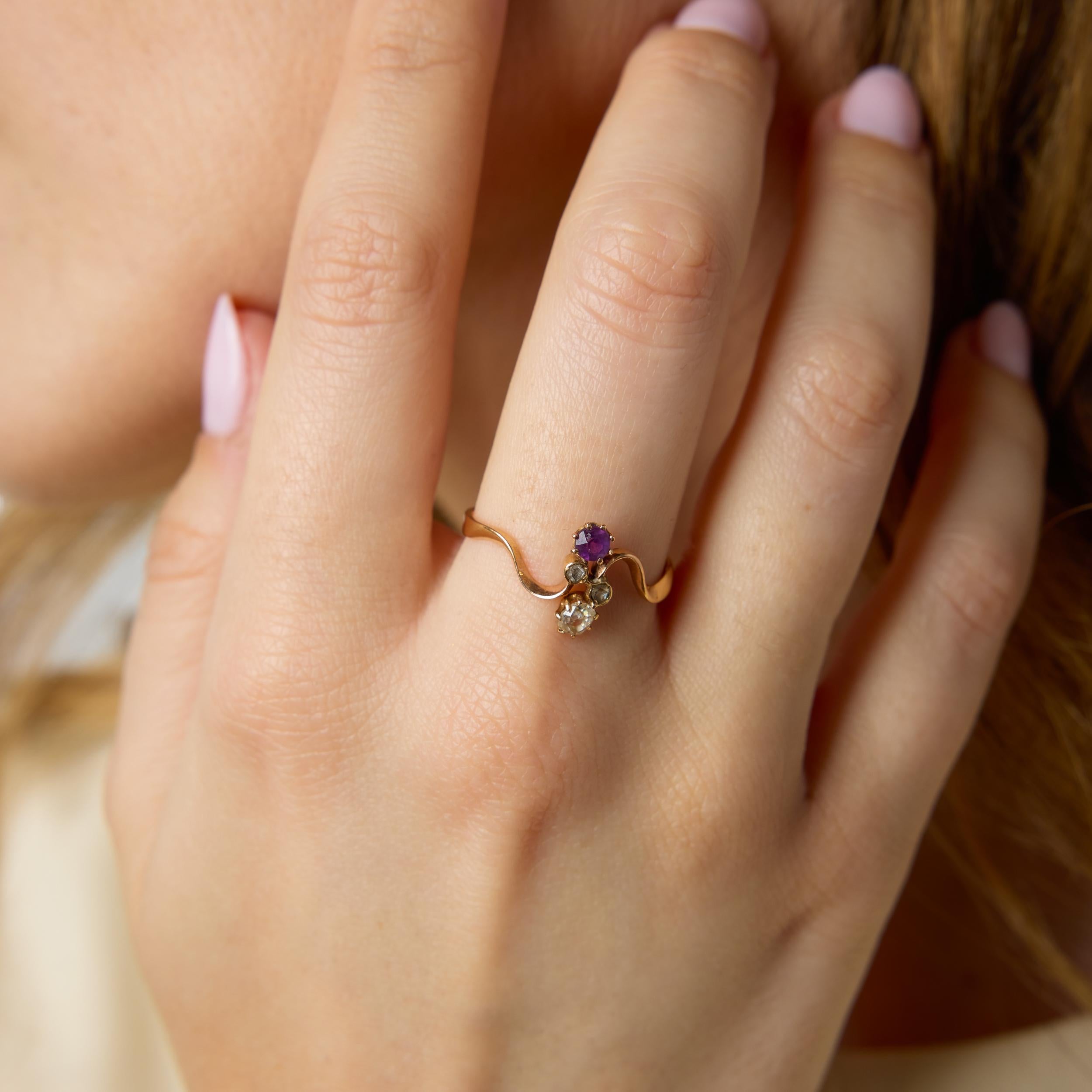 Victorian old cut diamond amethyst bypass 14k yellow gold ring