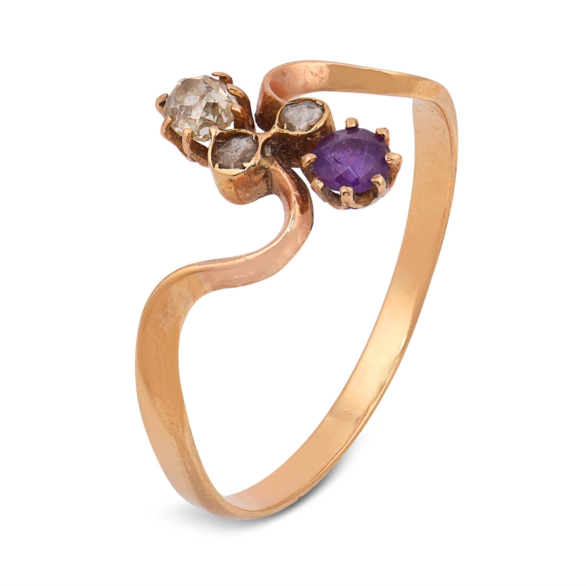 Victorian old cut diamond amethyst bypass 14k yellow gold ring