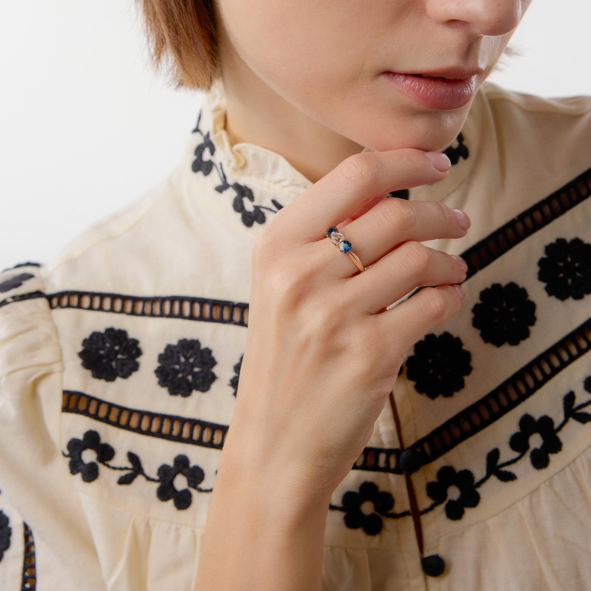 Victorian diamond sapphire 14k rose gold three stone ring