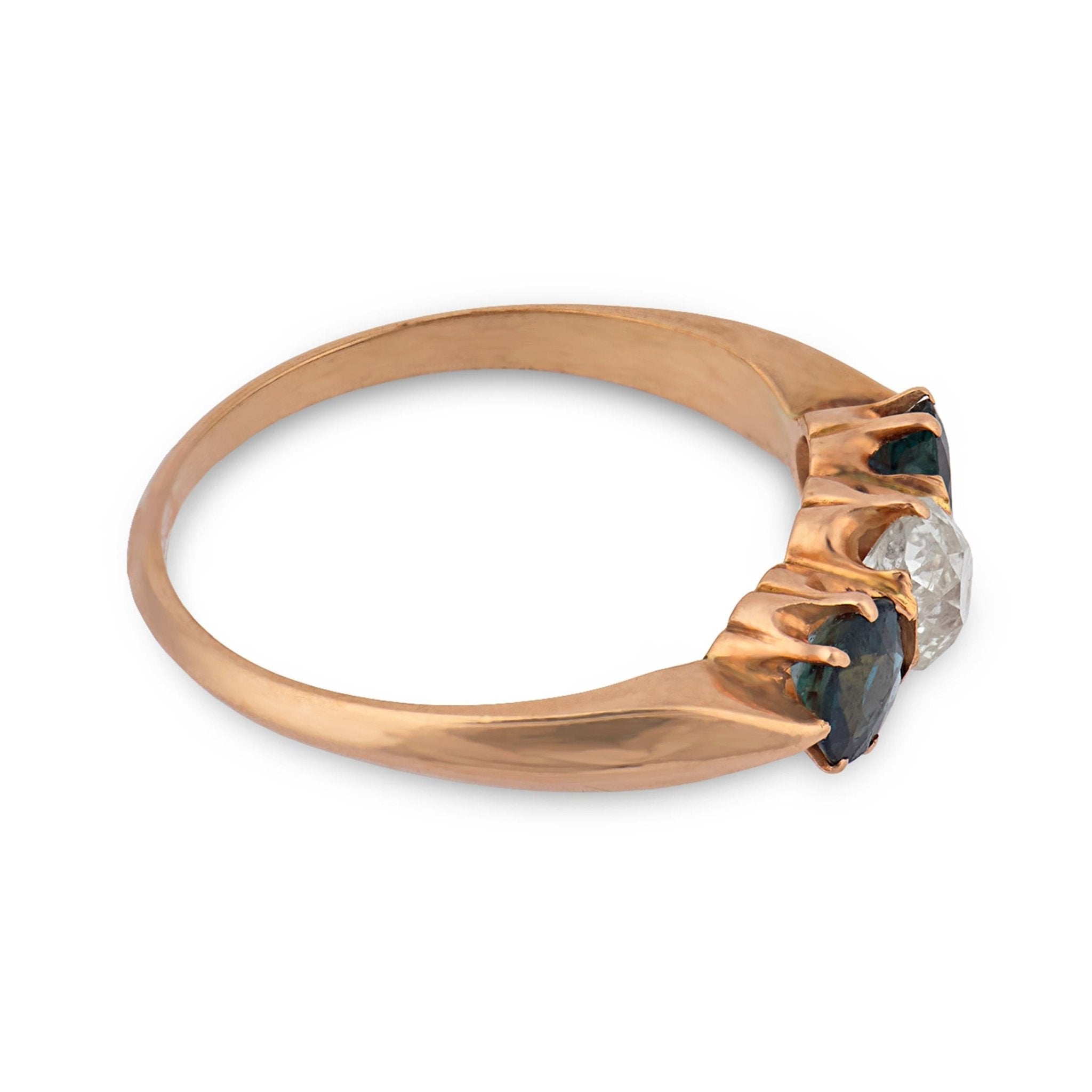 Victorian diamond sapphire 14k rose gold three stone ring