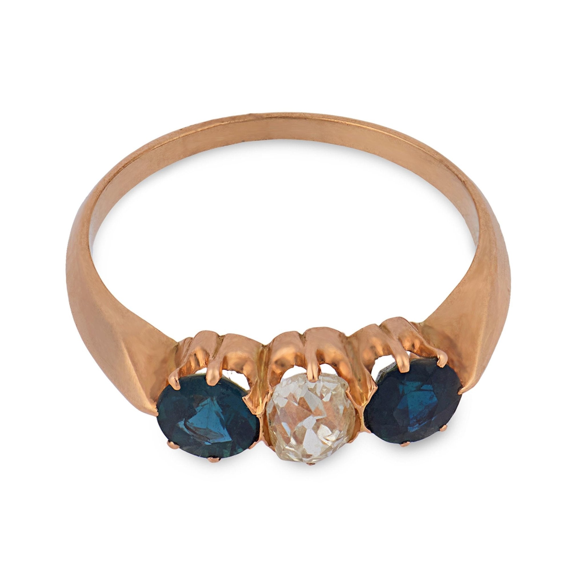 Victorian diamond sapphire 14k rose gold three stone ring