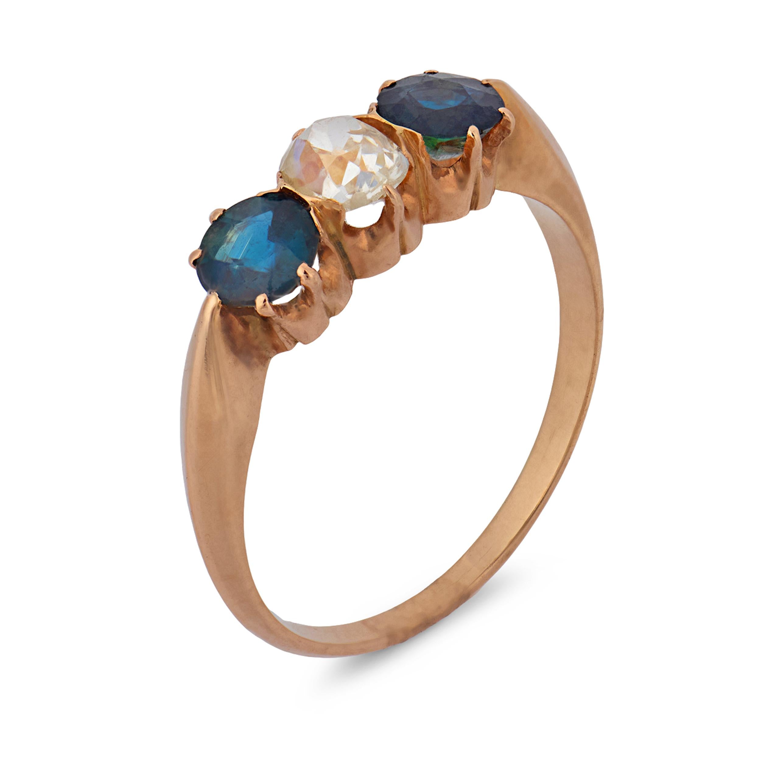 Victorian diamond sapphire 14k rose gold three stone ring