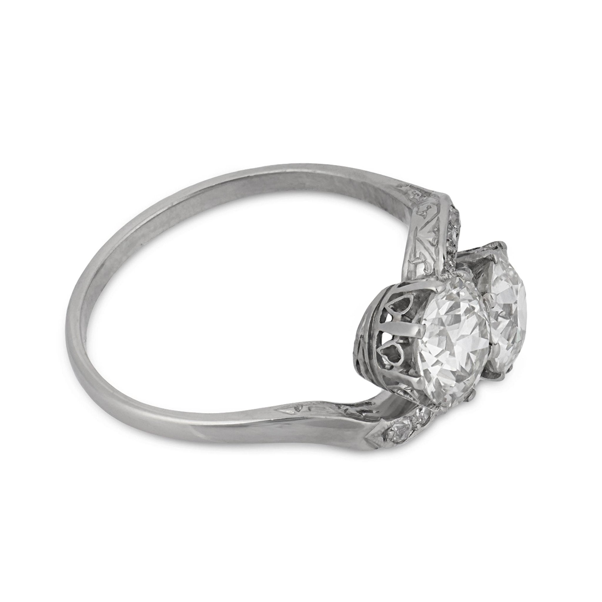 Art Deco 1.95 carat old European diamond platinum toi et moi ring