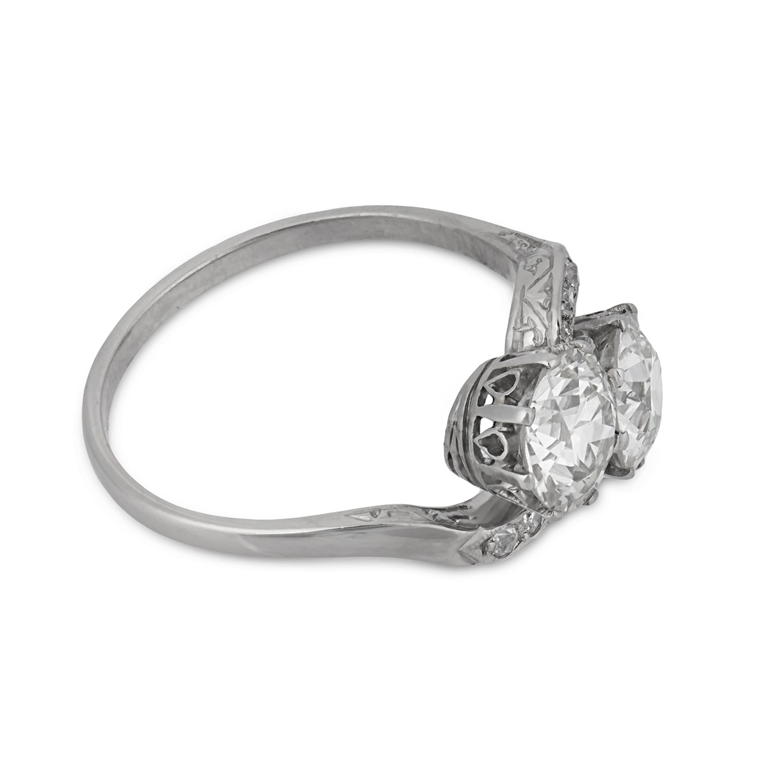Art Deco 1.95 carat old European diamond platinum toi et moi ring