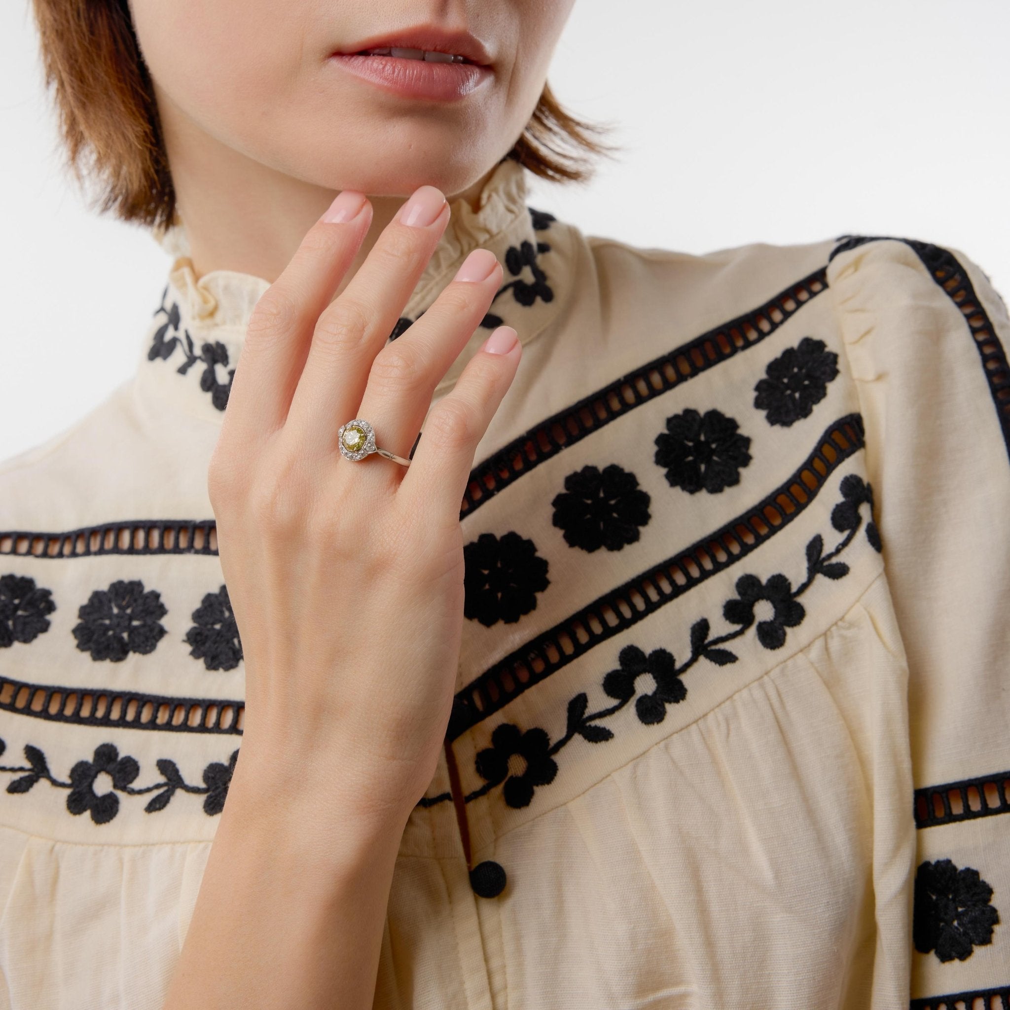 Art Deco style fancy yellow brown diamond platinum engagement ring