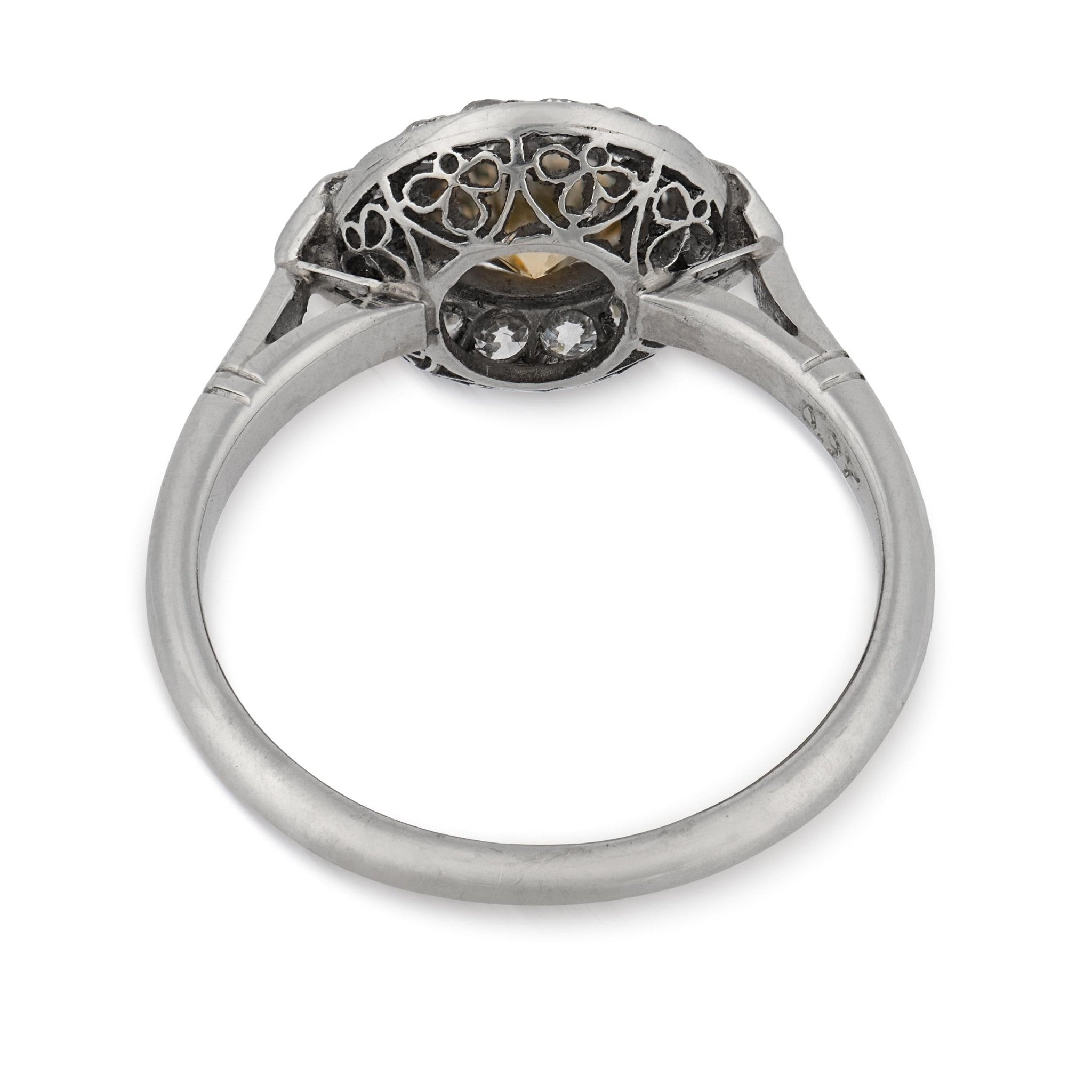 Art Deco style fancy yellow brown diamond platinum engagement ring