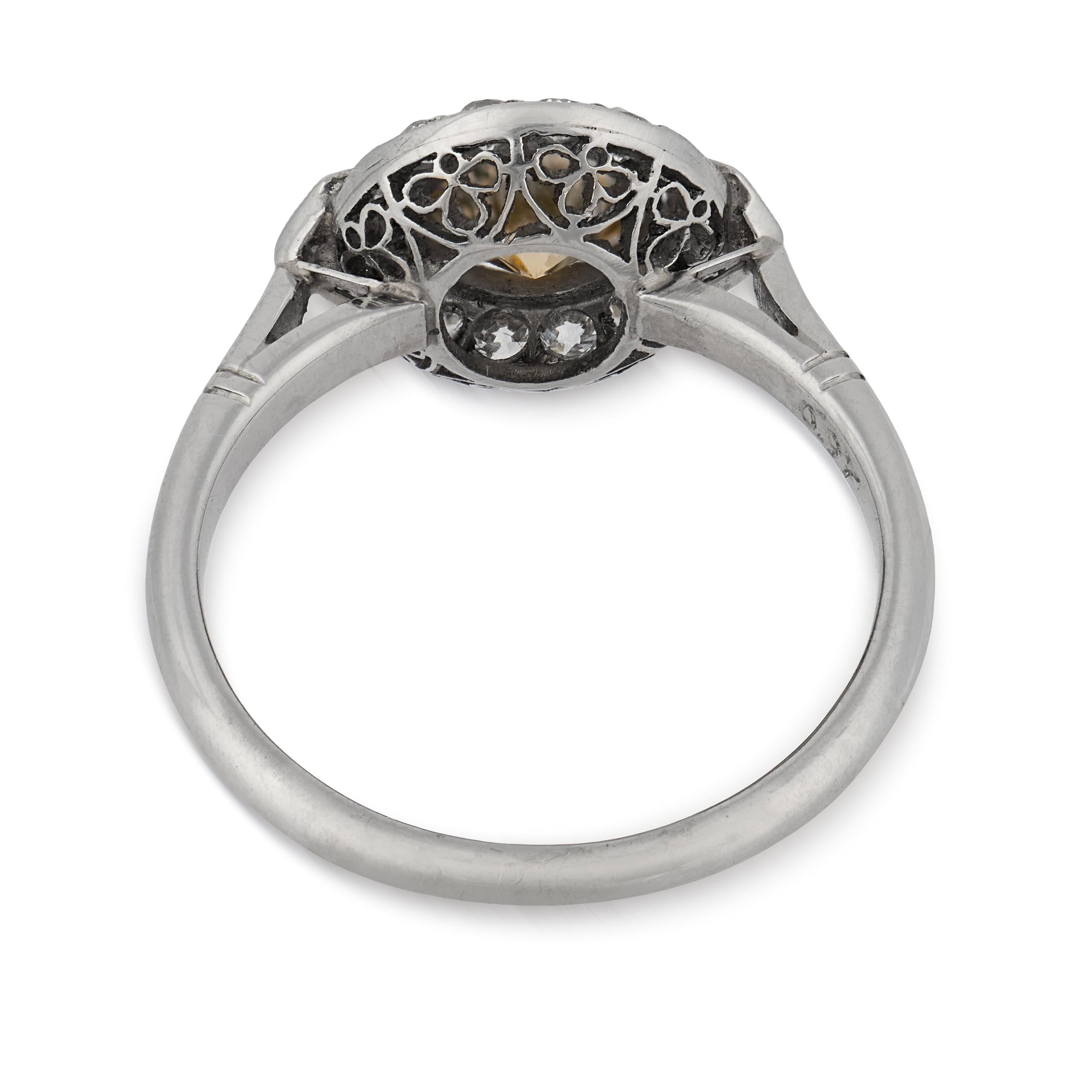 Art Deco style fancy yellow brown diamond platinum engagement ring