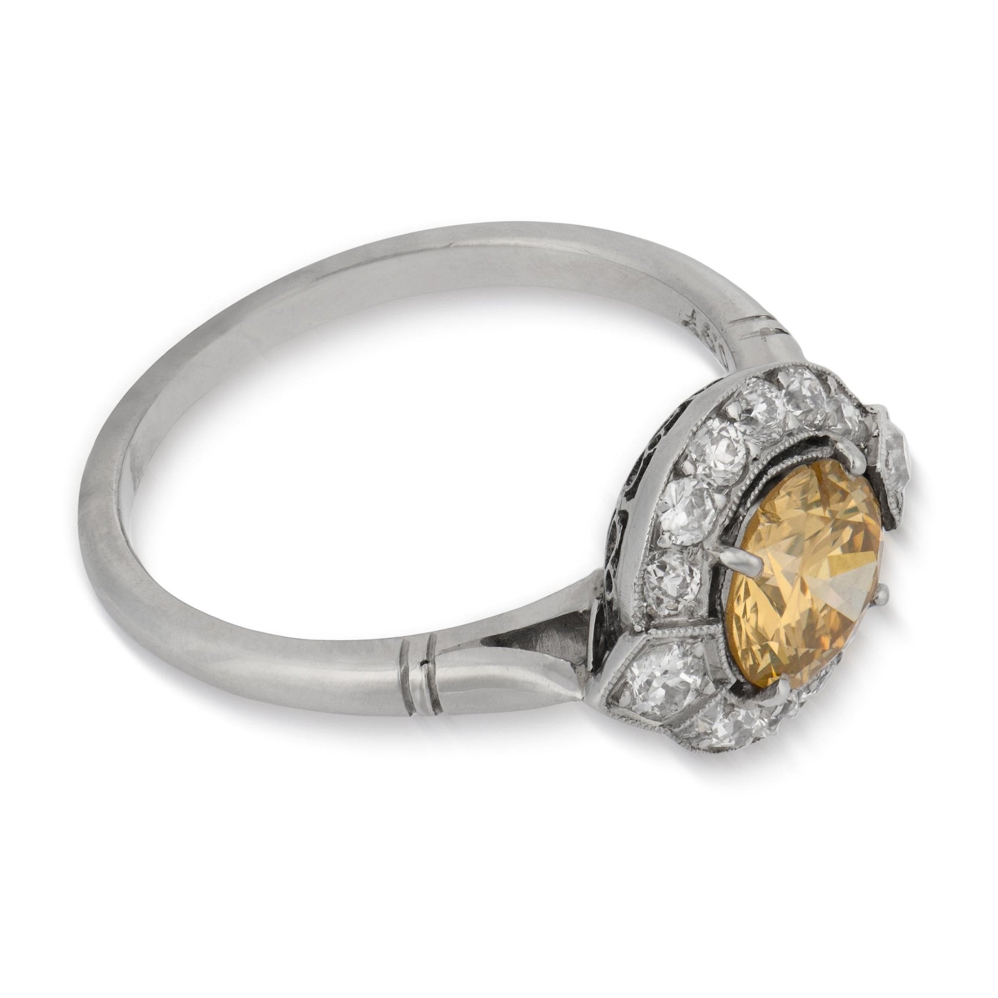 Art Deco style fancy yellow brown diamond platinum engagement ring