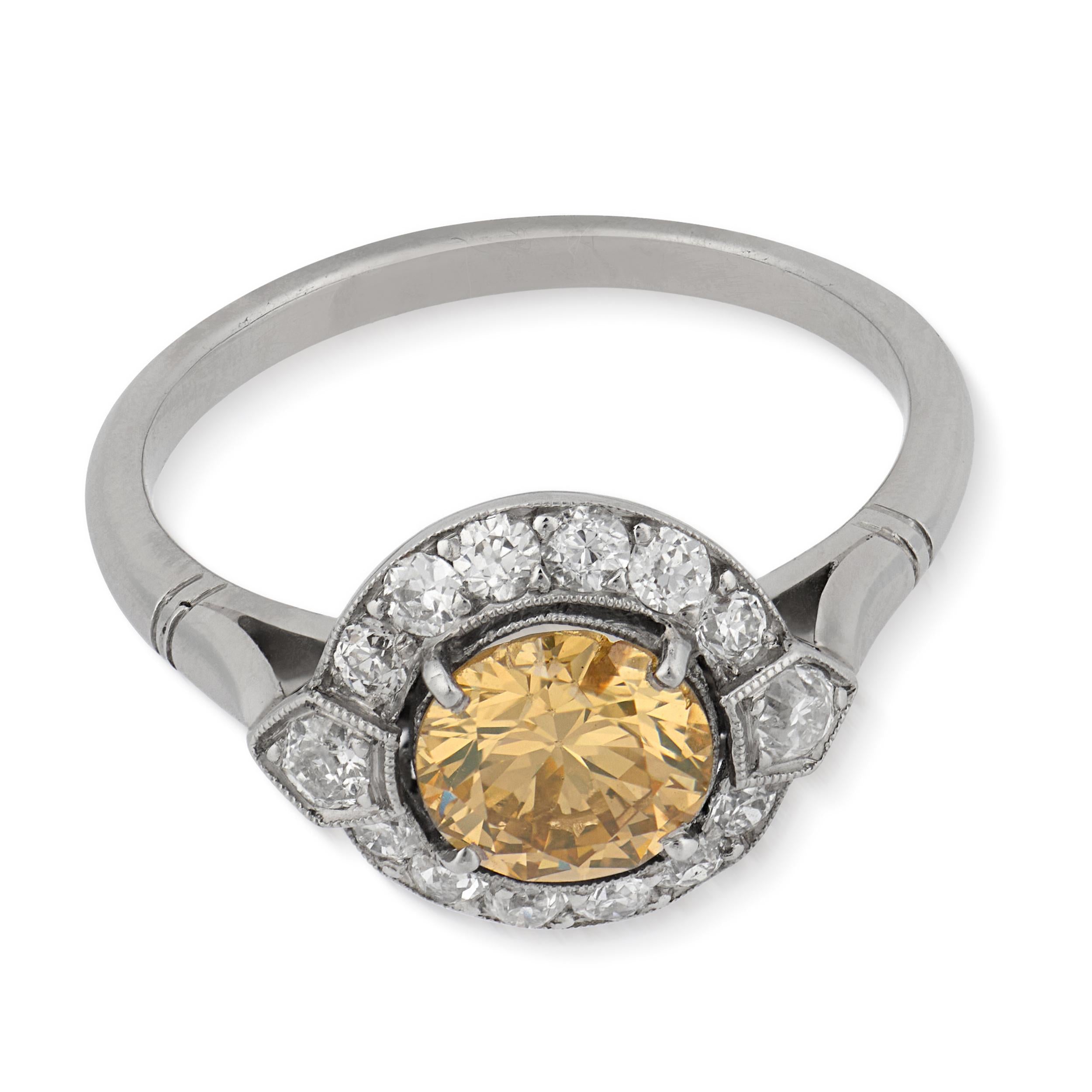 Art Deco style fancy yellow brown diamond platinum engagement ring