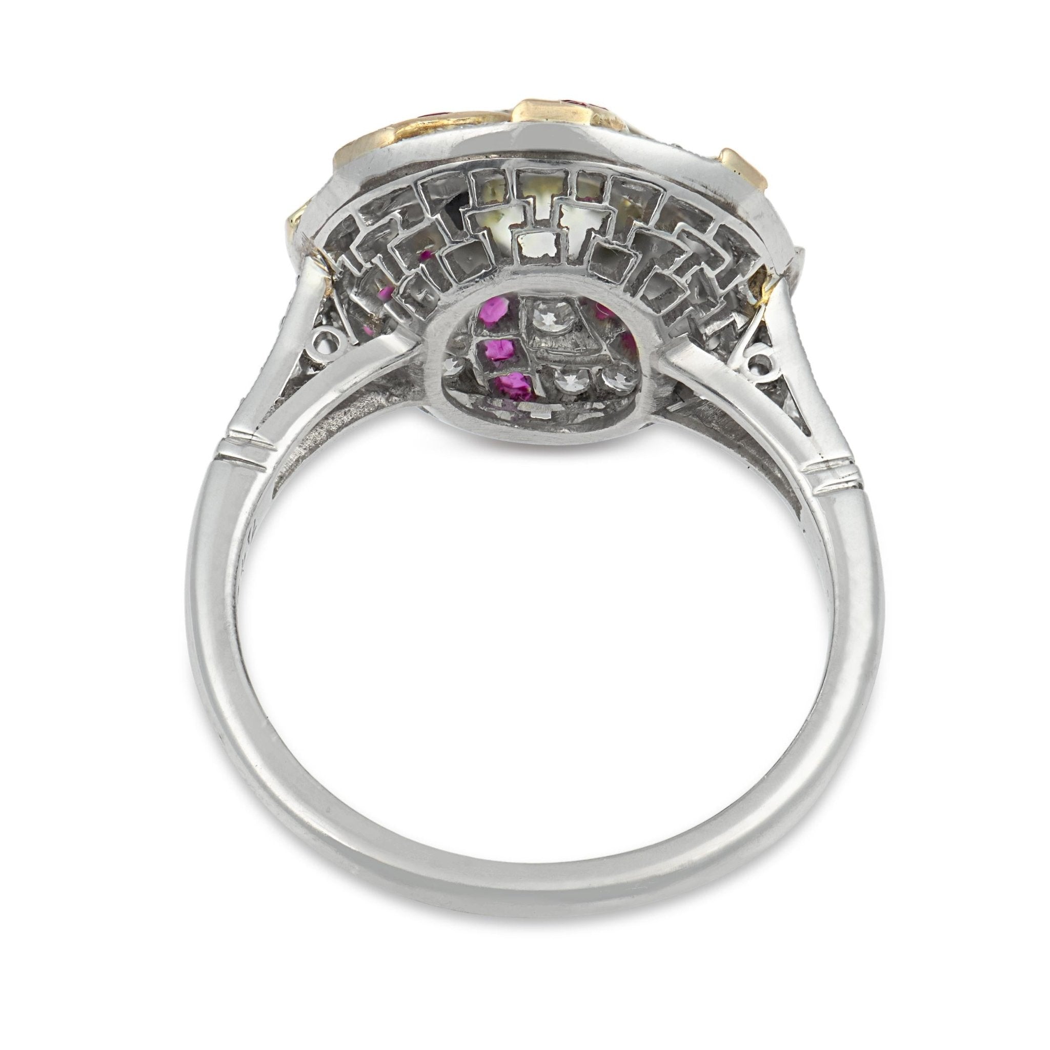 Art Deco style 1.42 carat diamond ruby platinum cluster swirl ring