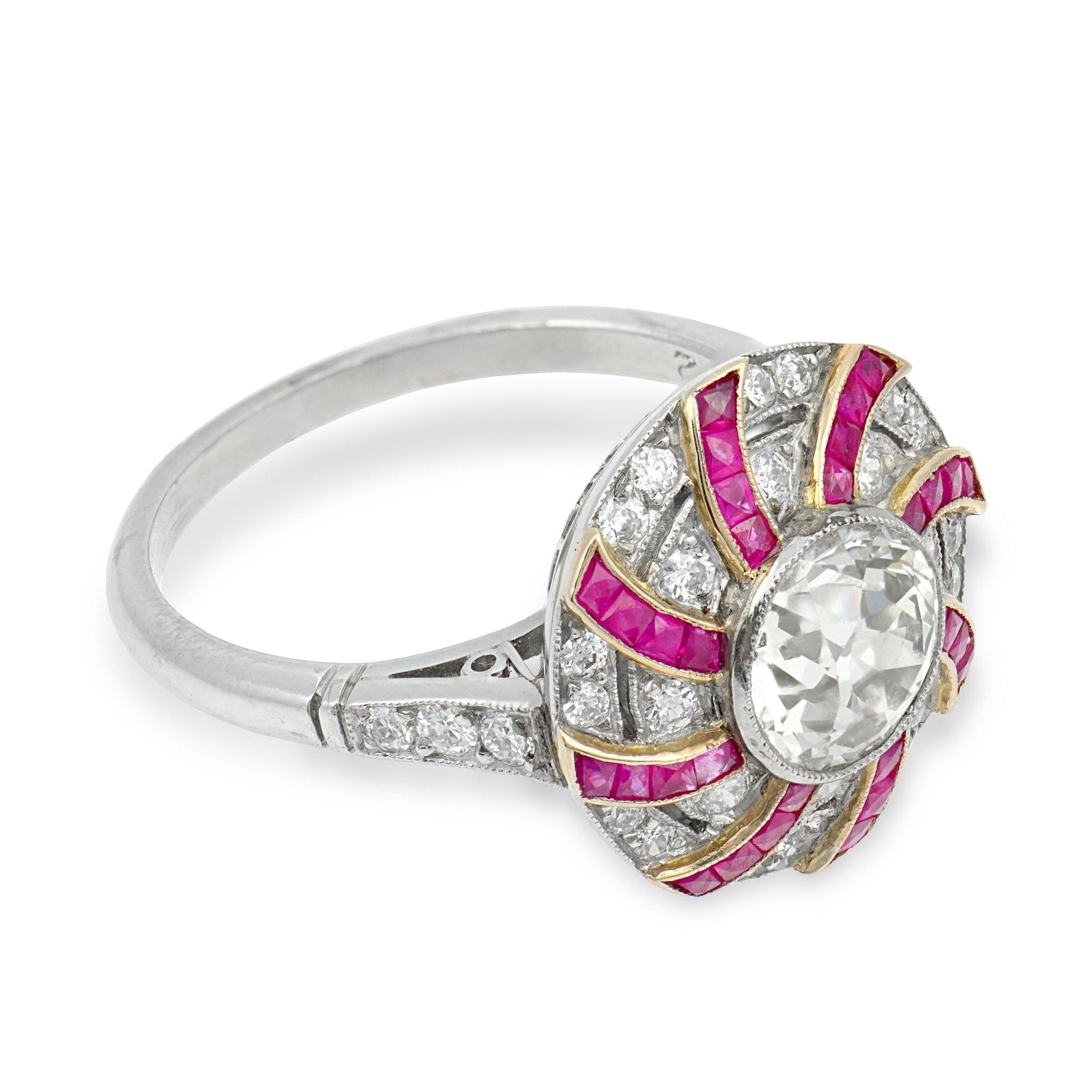 Art Deco style 1.42 carat diamond ruby platinum cluster swirl ring