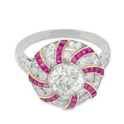 Art Deco style 1.42 carat diamond ruby platinum cluster swirl ring