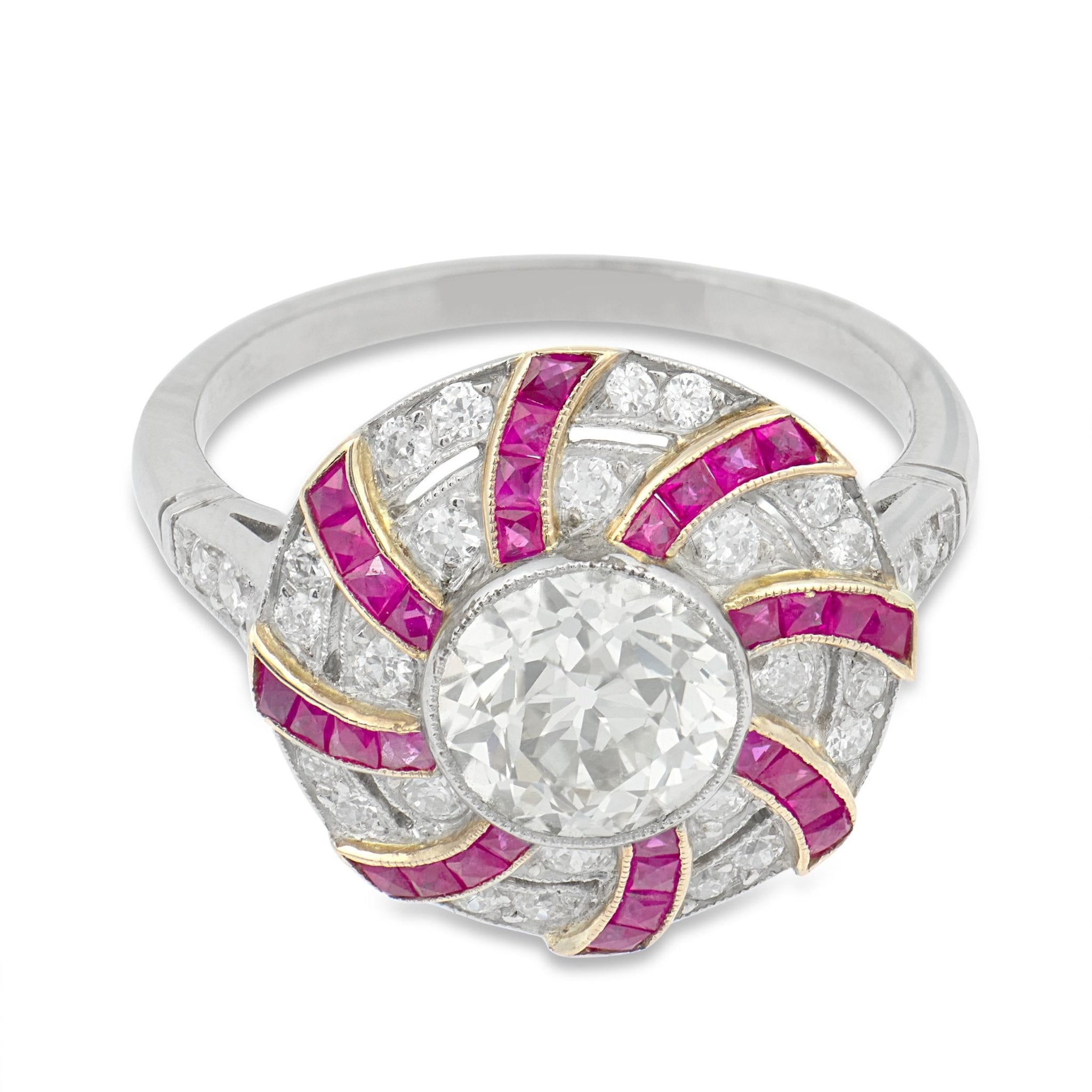 Art Deco style 1.42 carat diamond ruby platinum cluster swirl ring