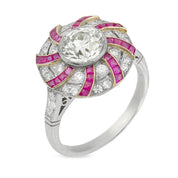 Art Deco style 1.42 carat diamond ruby platinum cluster swirl ring