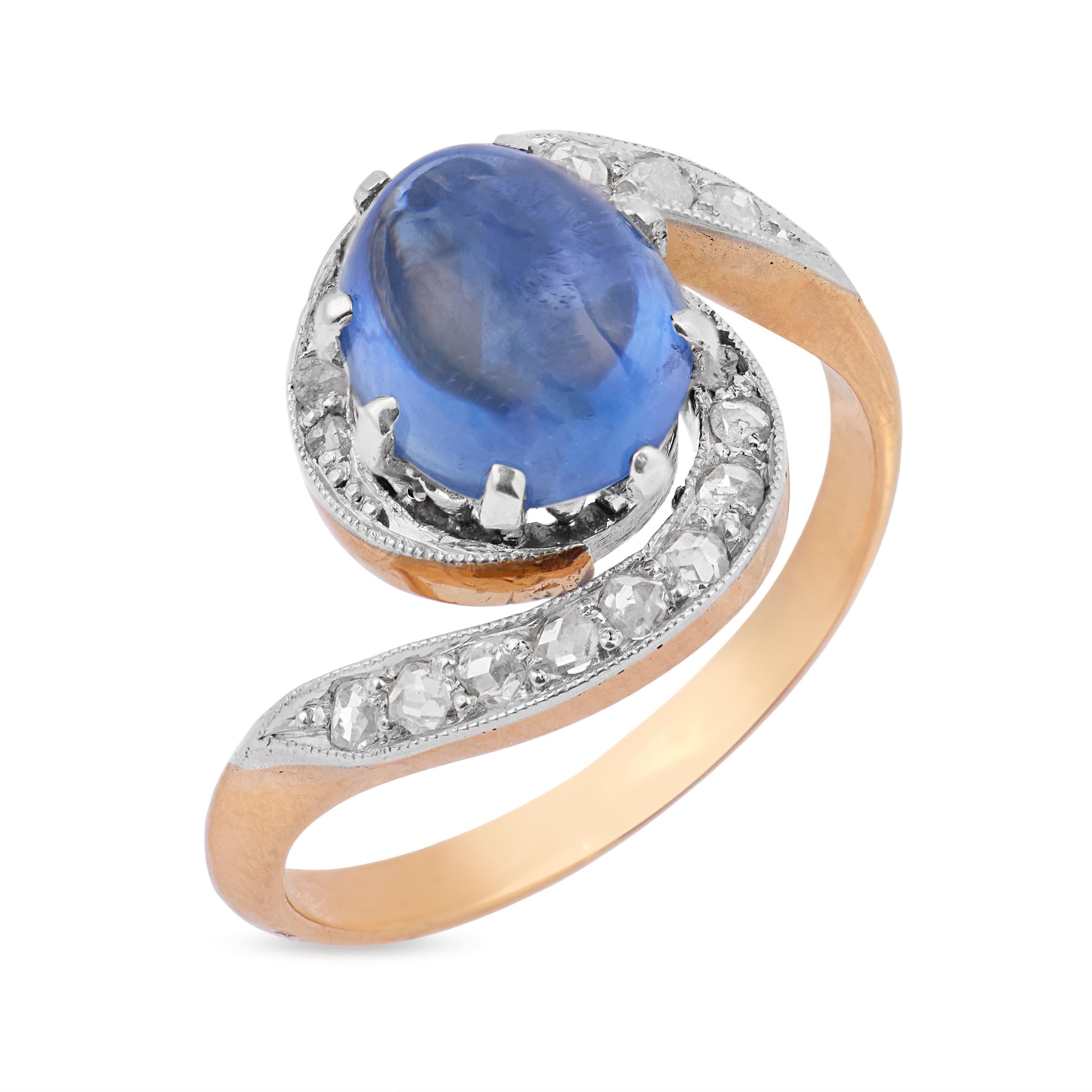 Edwardian cabochon cut sapphire 18k rose gold platinum swirl ring