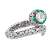 Rose cut diamond emerald platinum snake wrap ring