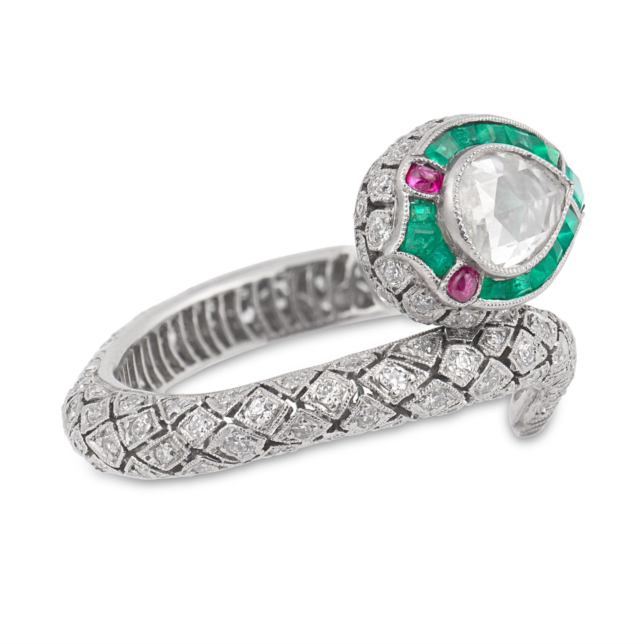 Rose cut diamond emerald platinum snake wrap ring