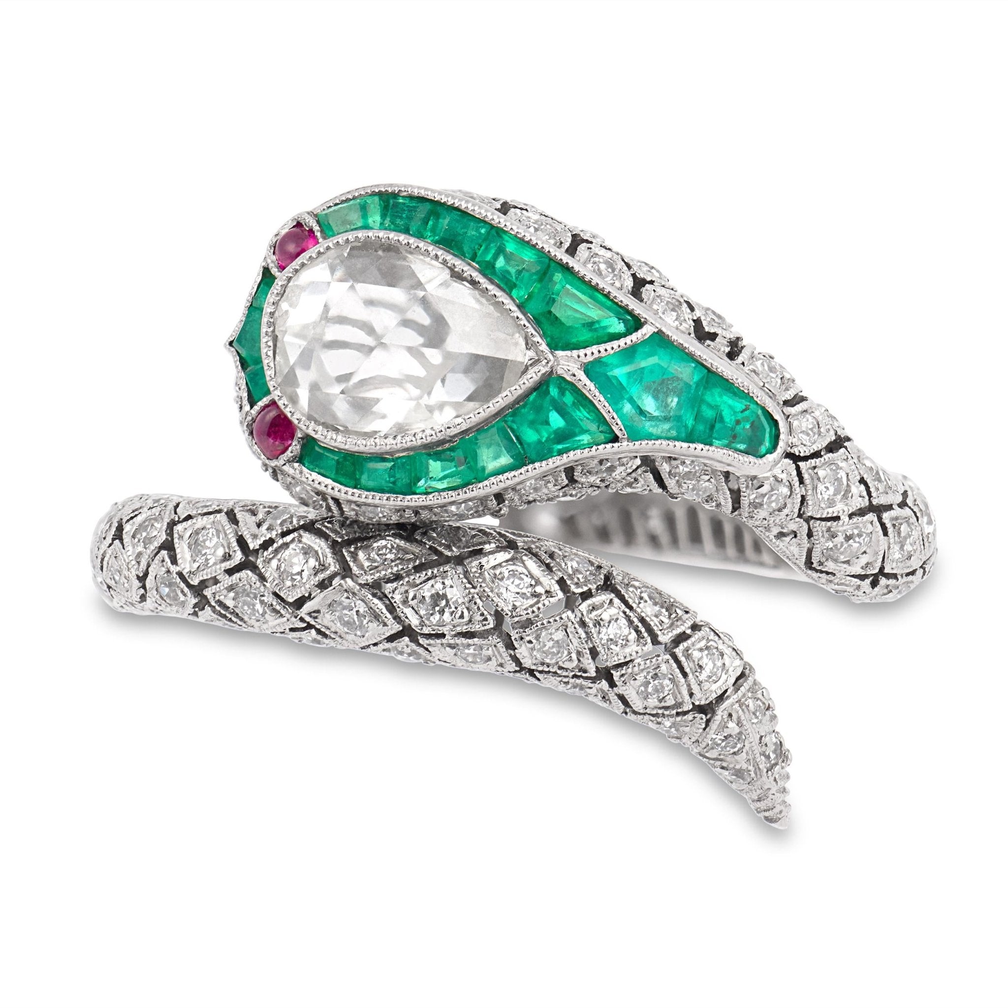 Rose cut diamond emerald platinum snake wrap ring