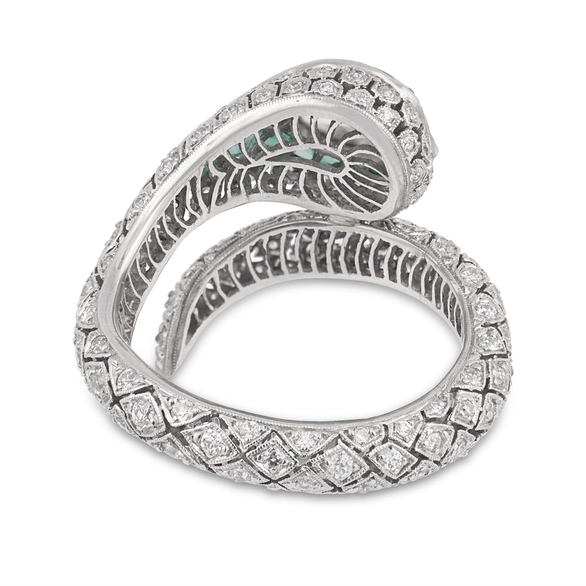 Rose cut diamond emerald platinum snake wrap ring