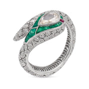 Rose cut diamond emerald platinum snake wrap ring