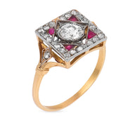 Victorian old European cut diamond ruby 18k yellow gold platinum ring