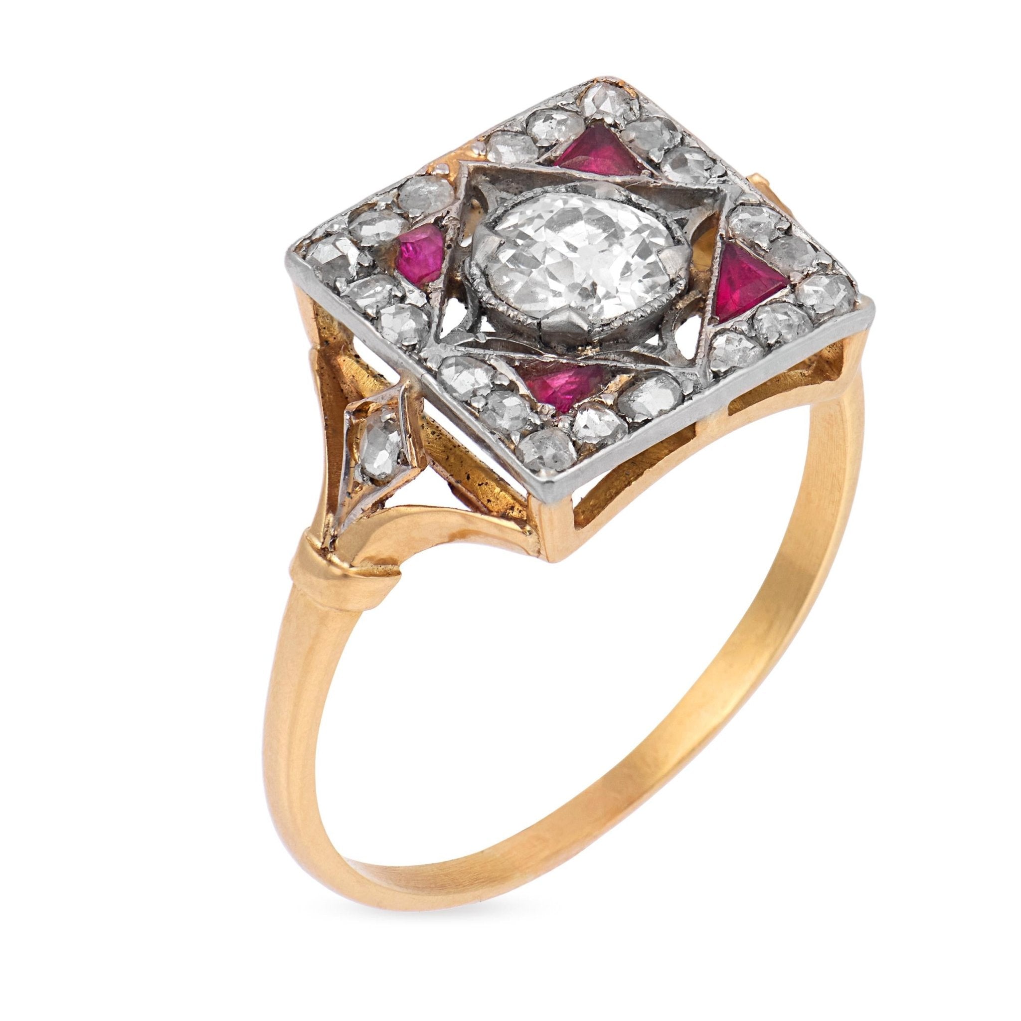 Victorian old European cut diamond ruby 18k yellow gold platinum ring