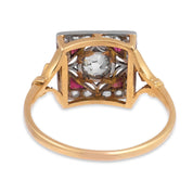 Victorian old European cut diamond ruby 18k yellow gold platinum ring