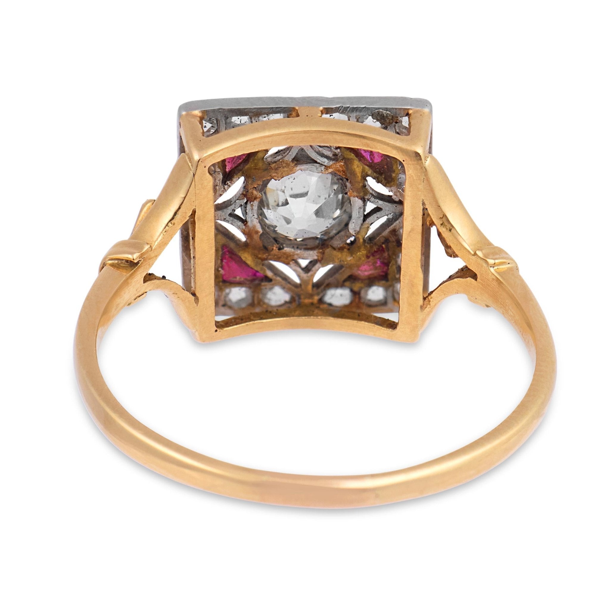 Victorian old European cut diamond ruby 18k yellow gold platinum ring
