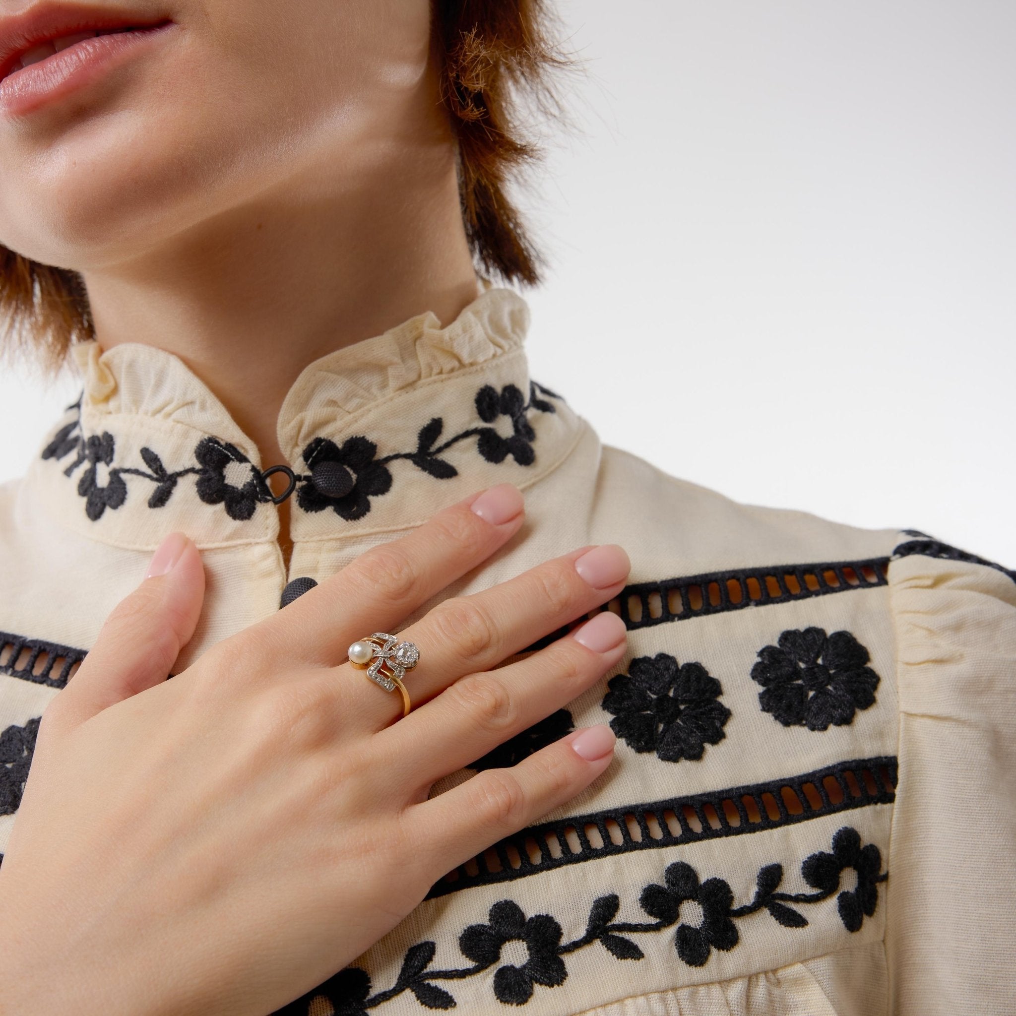 Edwardian diamond pearl 18k yellow gold Toi Et Moi ring