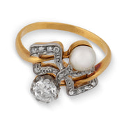 Edwardian diamond pearl 18k yellow gold Toi Et Moi ring