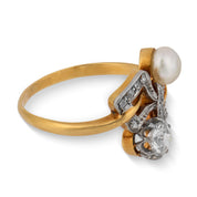 Edwardian diamond pearl 18k yellow gold Toi Et Moi ring