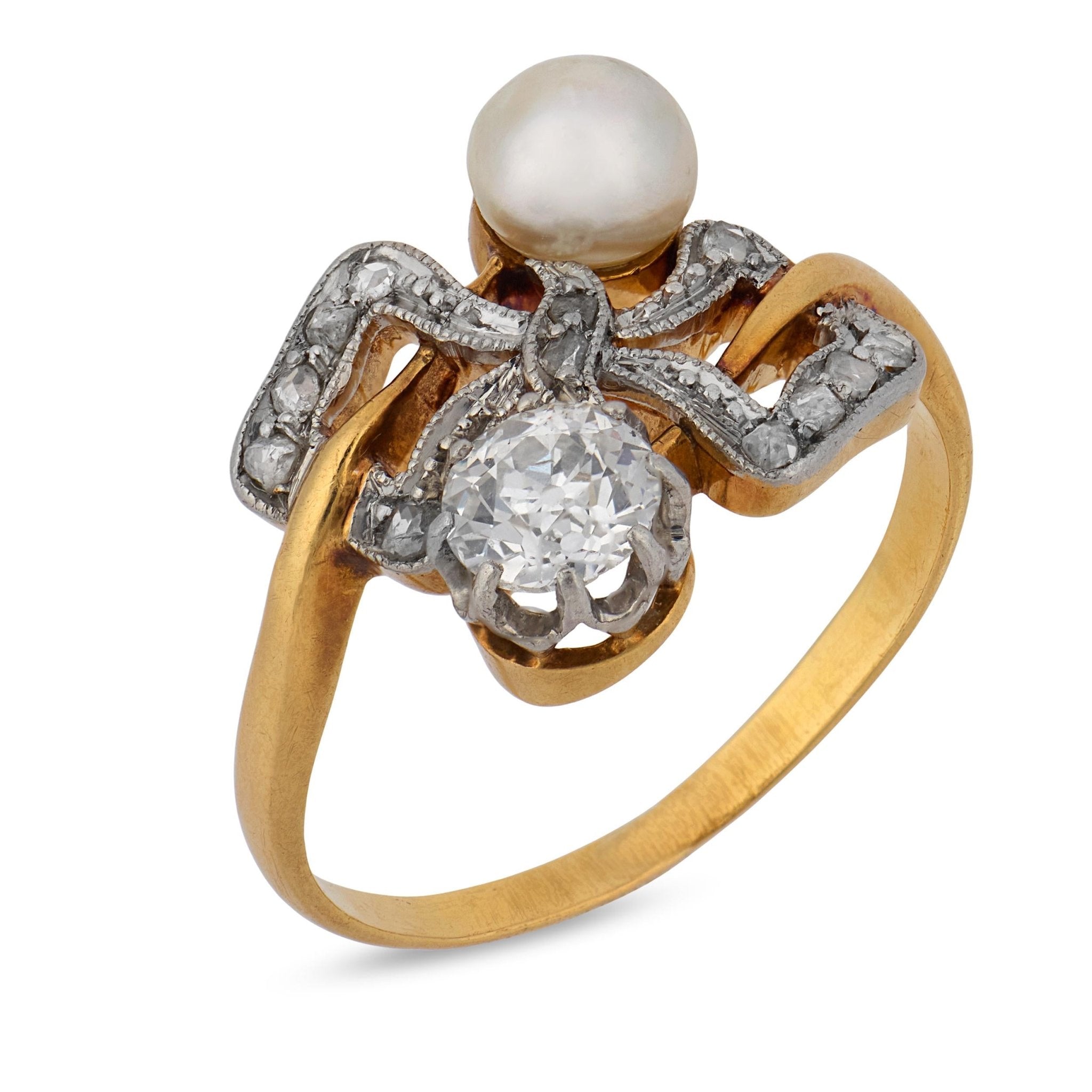 Edwardian diamond pearl 18k yellow gold Toi Et Moi ring
