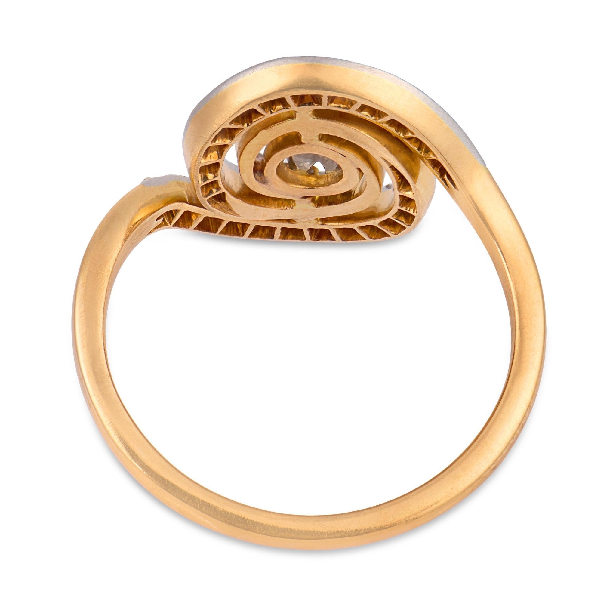 Edwardian diamond two tone 18k gold swirl ring
