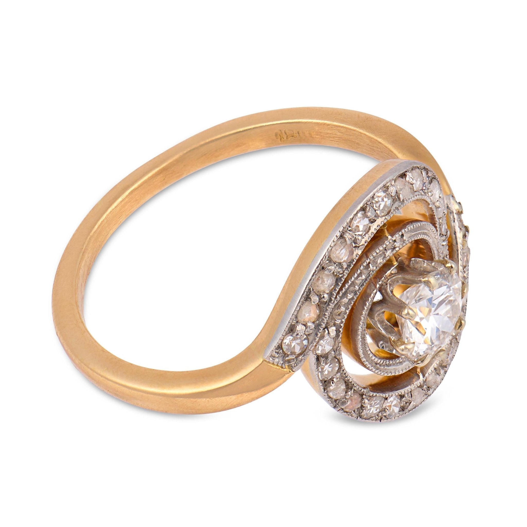 Edwardian diamond two tone 18k gold swirl ring