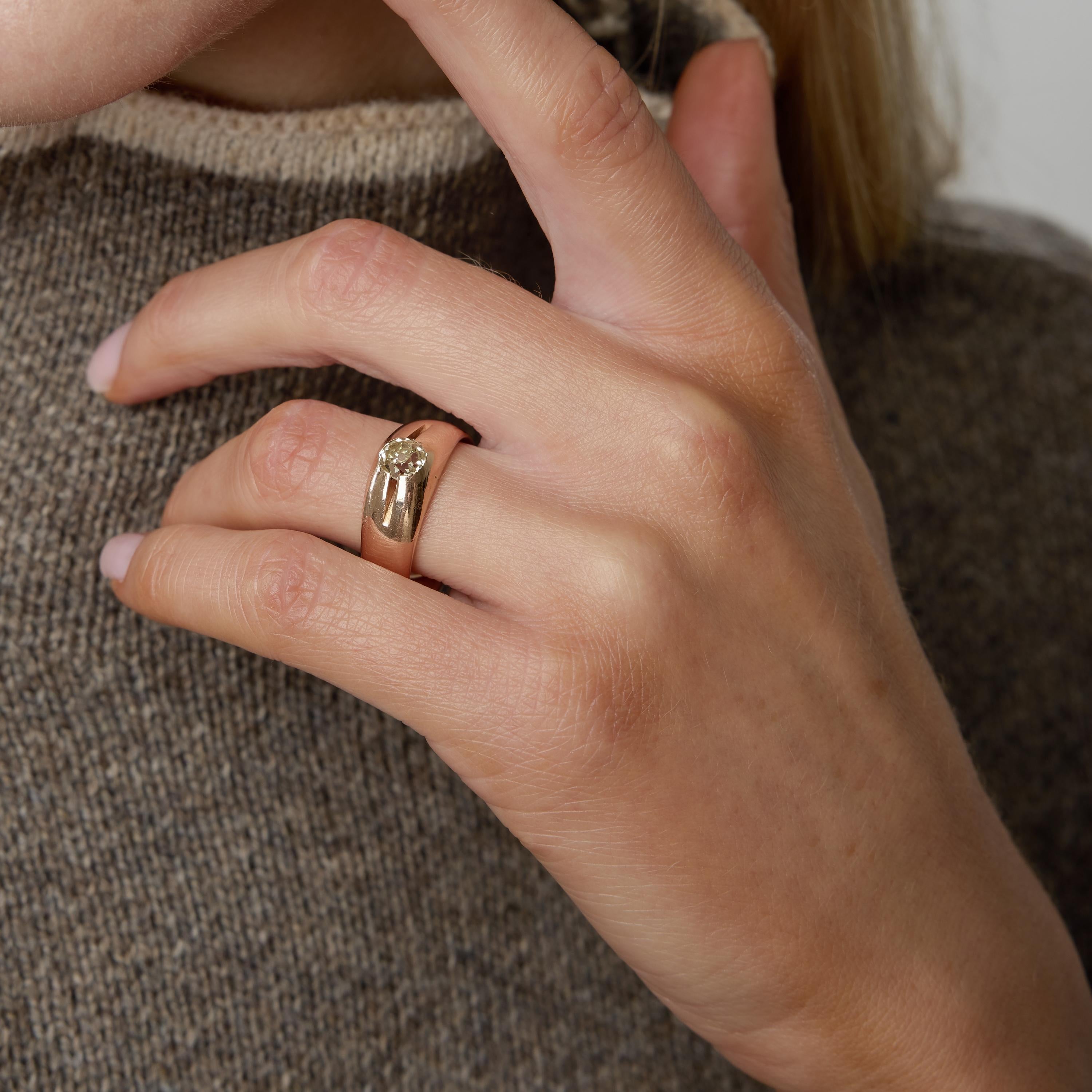 Victorian old mine cut fancy color diamond 18k rose gold bezel engagement ring