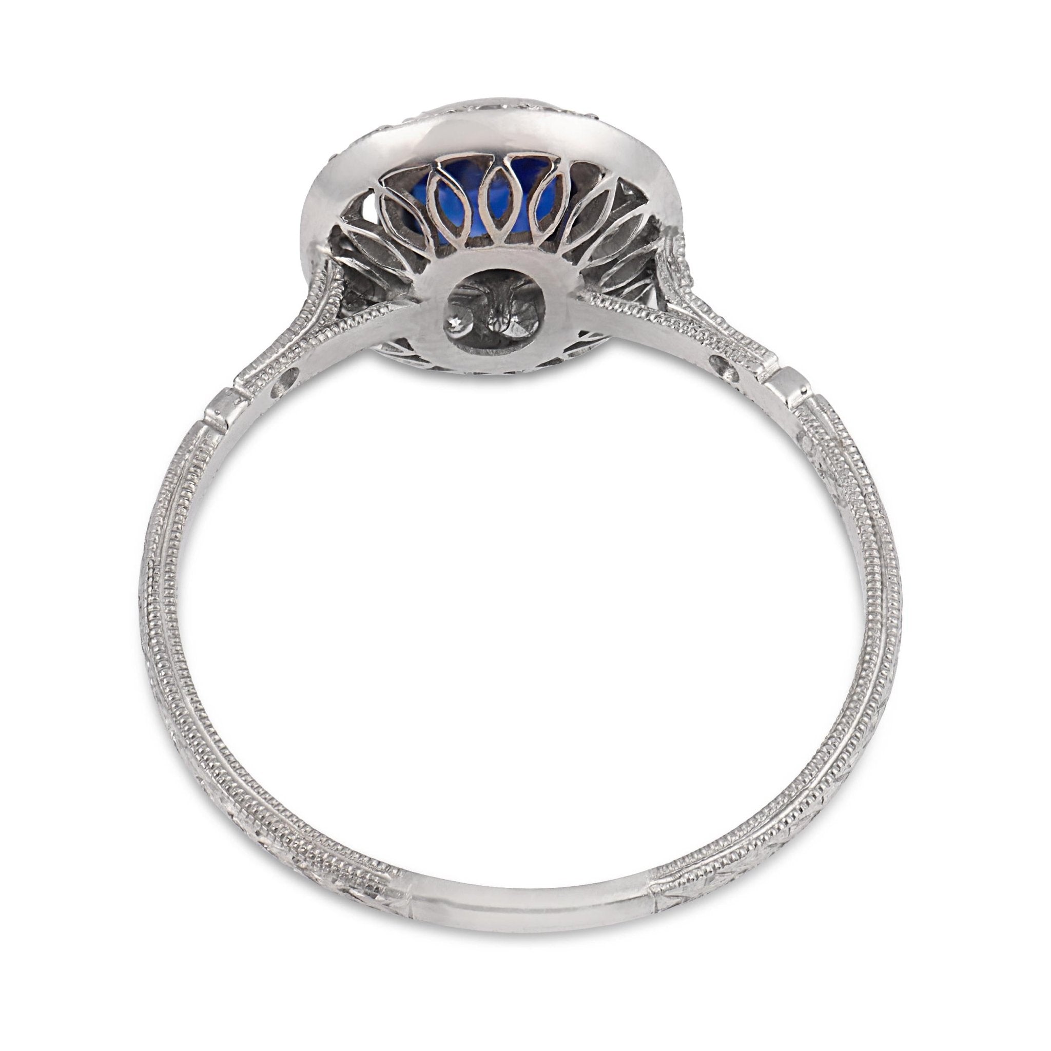 Art Deco inspired sapphire diamond cluster platinum ring