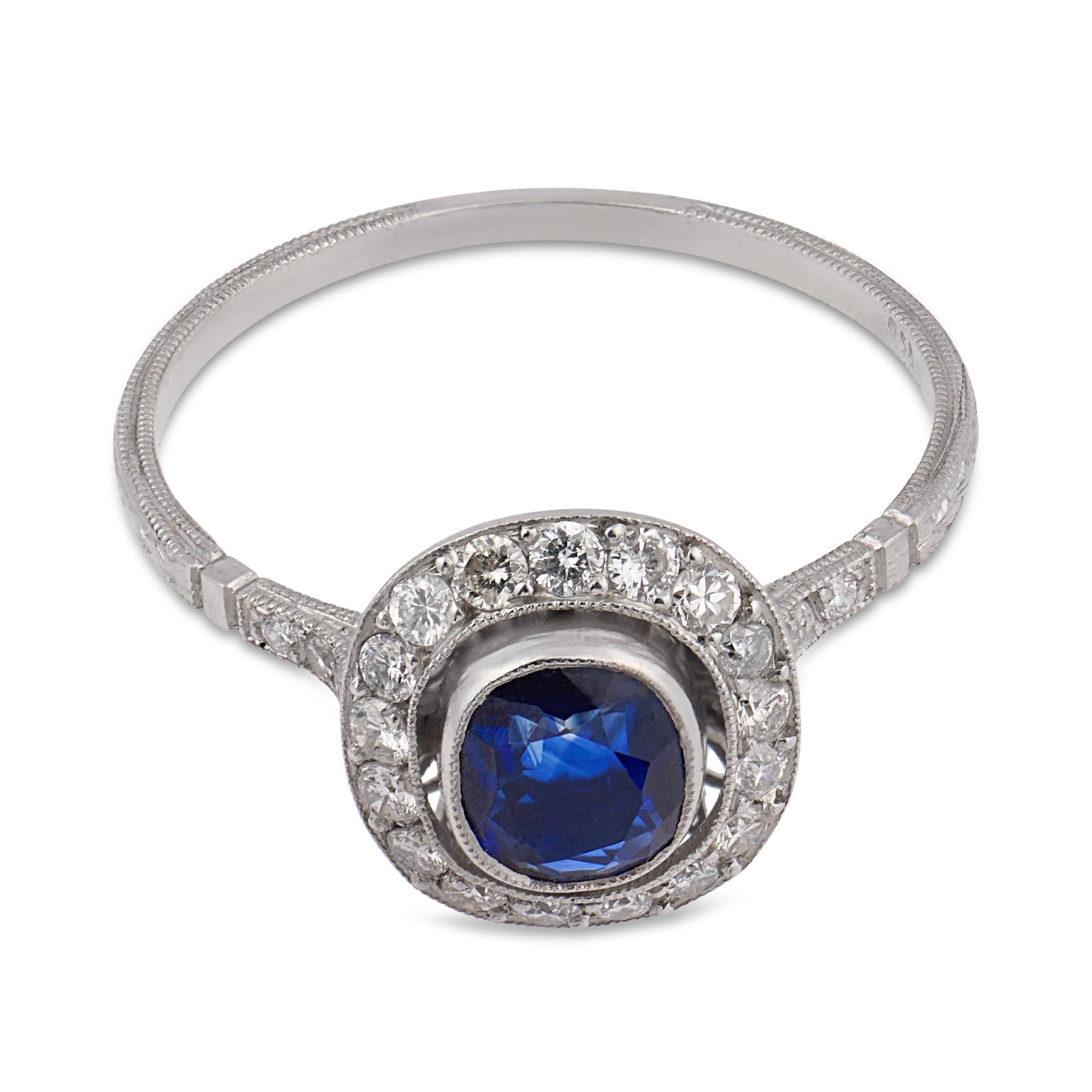 Art Deco inspired sapphire diamond cluster platinum ring