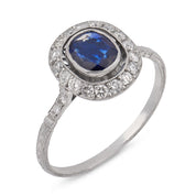 Art Deco inspired sapphire diamond cluster platinum ring
